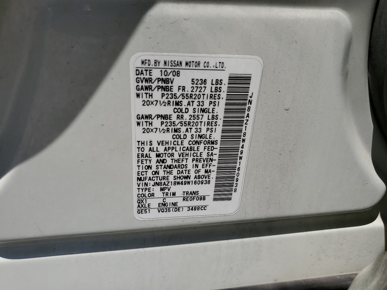 JN8AZ18W49W160938 2009 Nissan Murano S