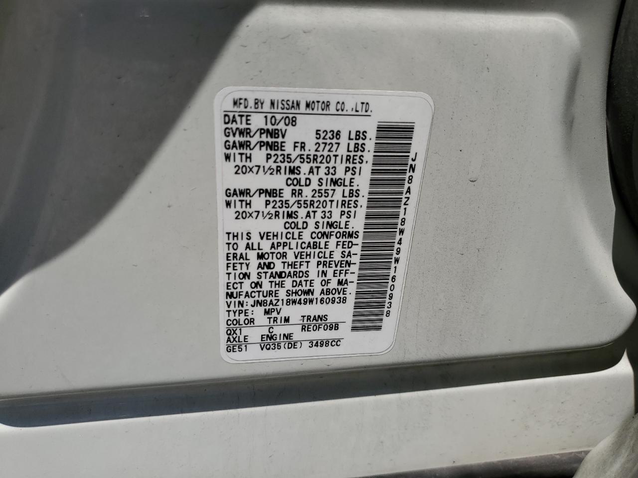 2009 Nissan Murano S VIN: JN8AZ18W49W160938 Lot: 62547774