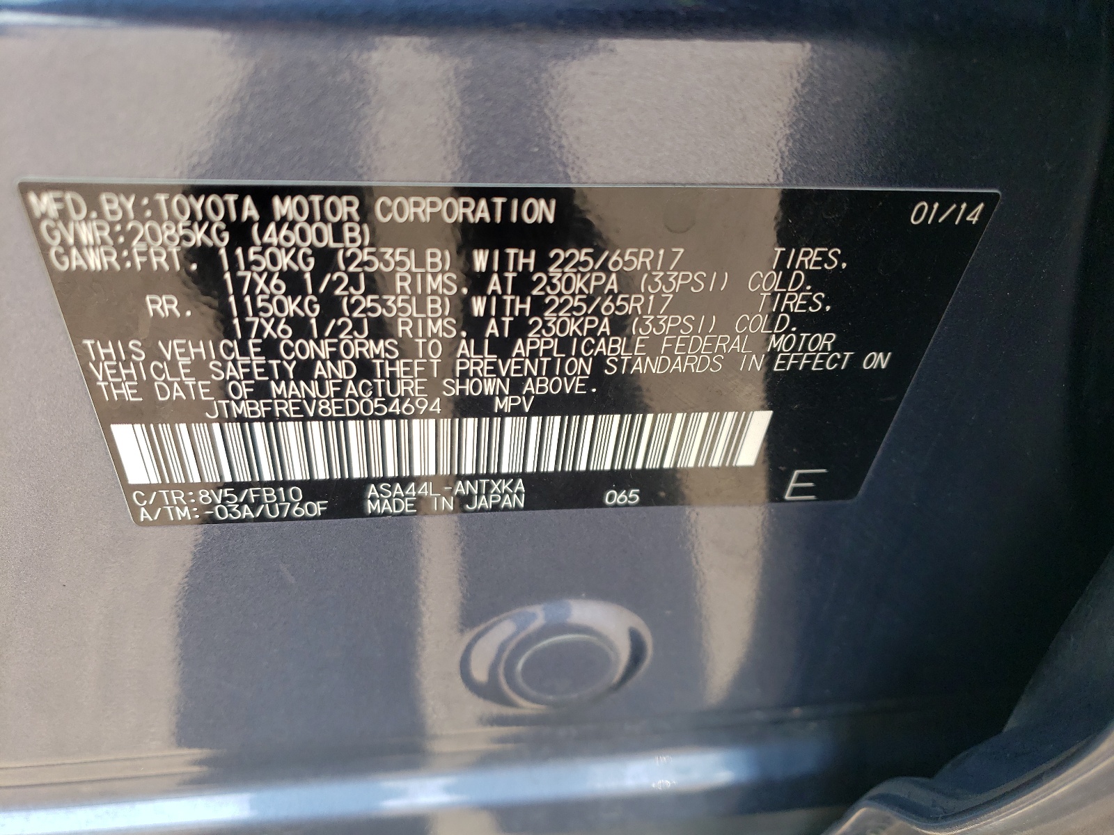 JTMBFREV8ED054694 2014 Toyota Rav4 Le