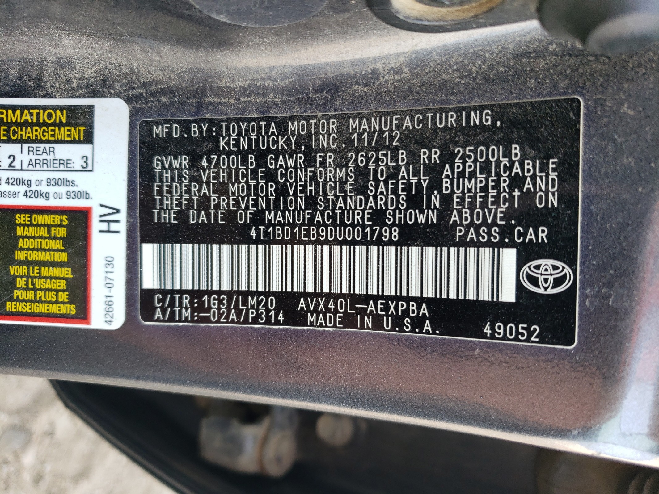 4T1BD1EB9DU001798 2013 Toyota Avalon Hybrid