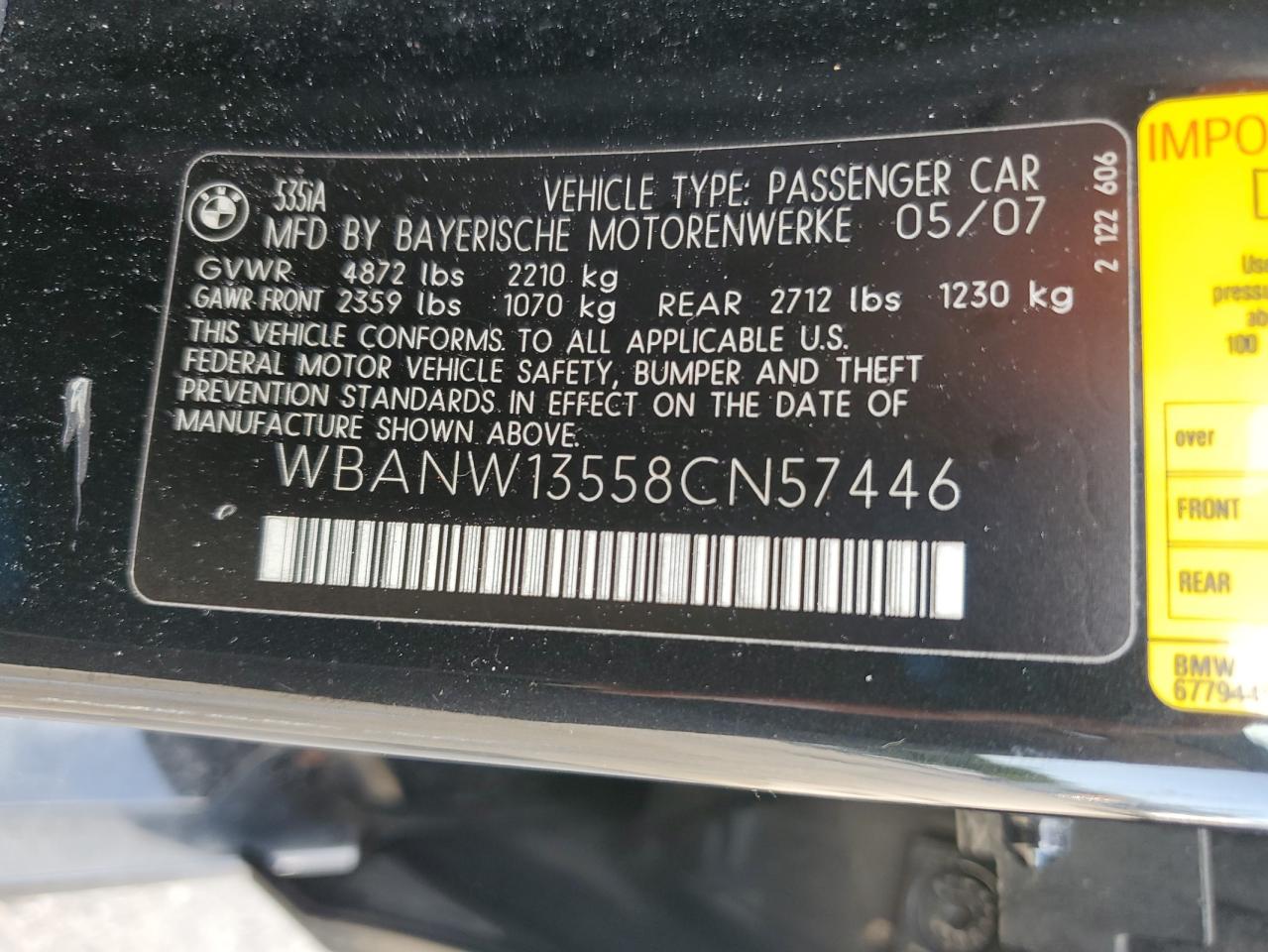 2008 BMW 535 I VIN: WBANW13558CN57446 Lot: 63394024