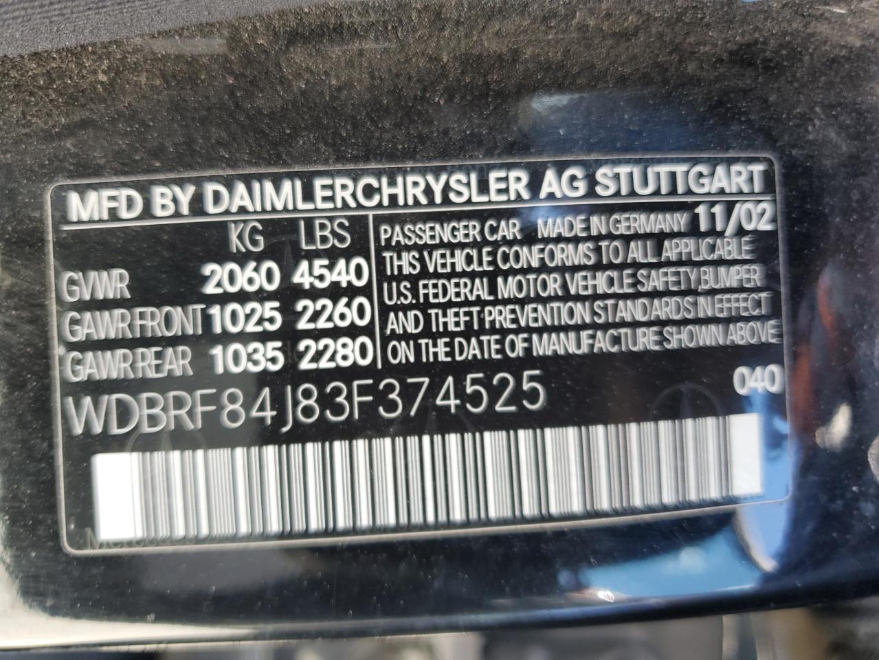 2003 Mercedes-Benz C 320 4Matic VIN: WDBRF84J83F374525 Lot: 64252444