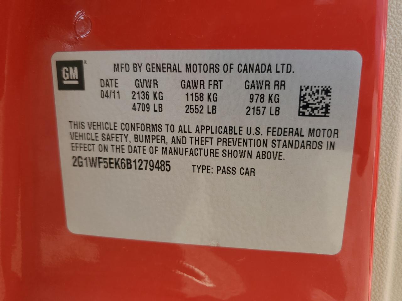 2011 Chevrolet Impala Ls VIN: 2G1WF5EK6B1279485 Lot: 63831534