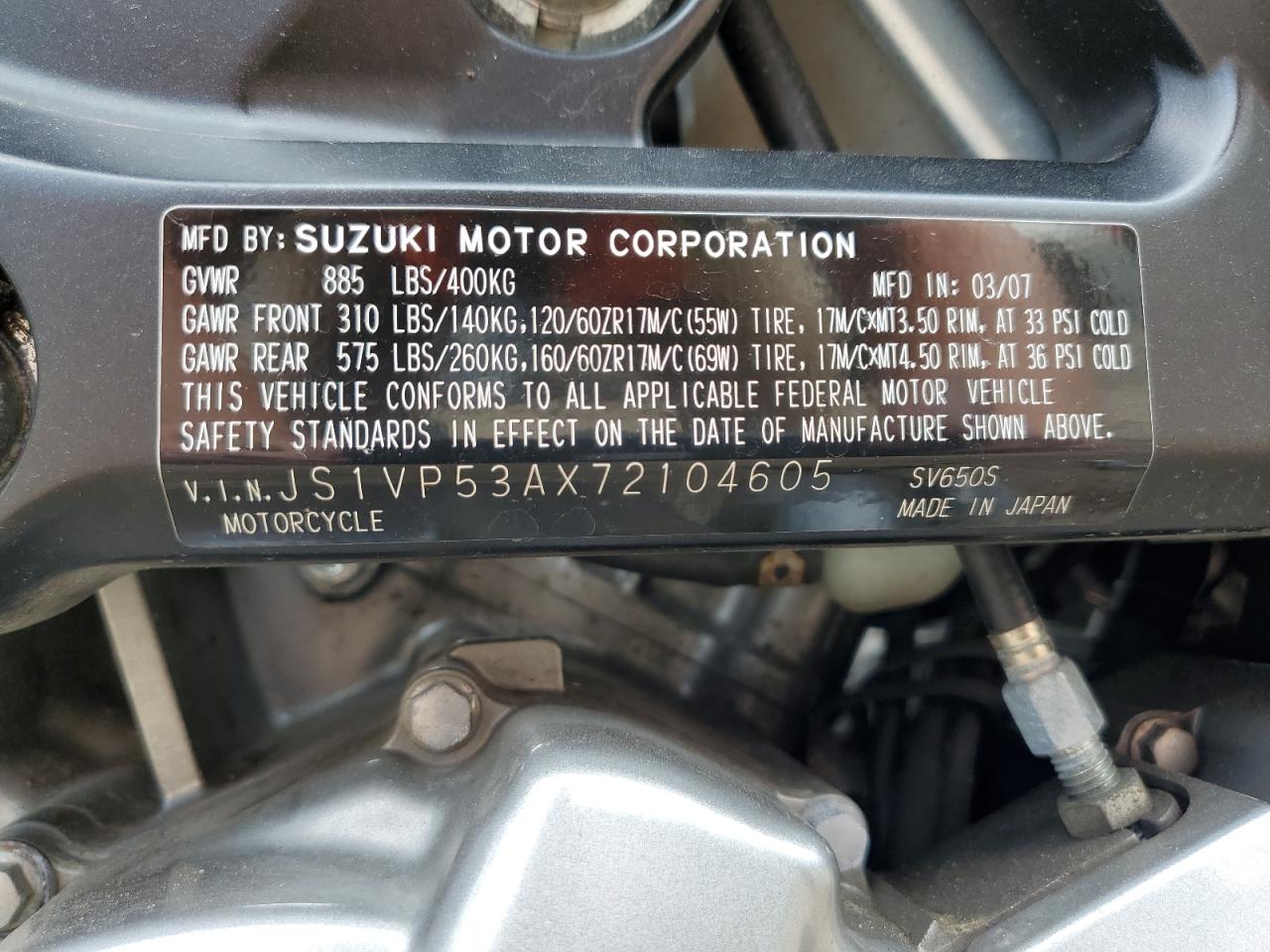 2007 Suzuki Sv650 VIN: JS1VP53AX72104605 Lot: 63475464