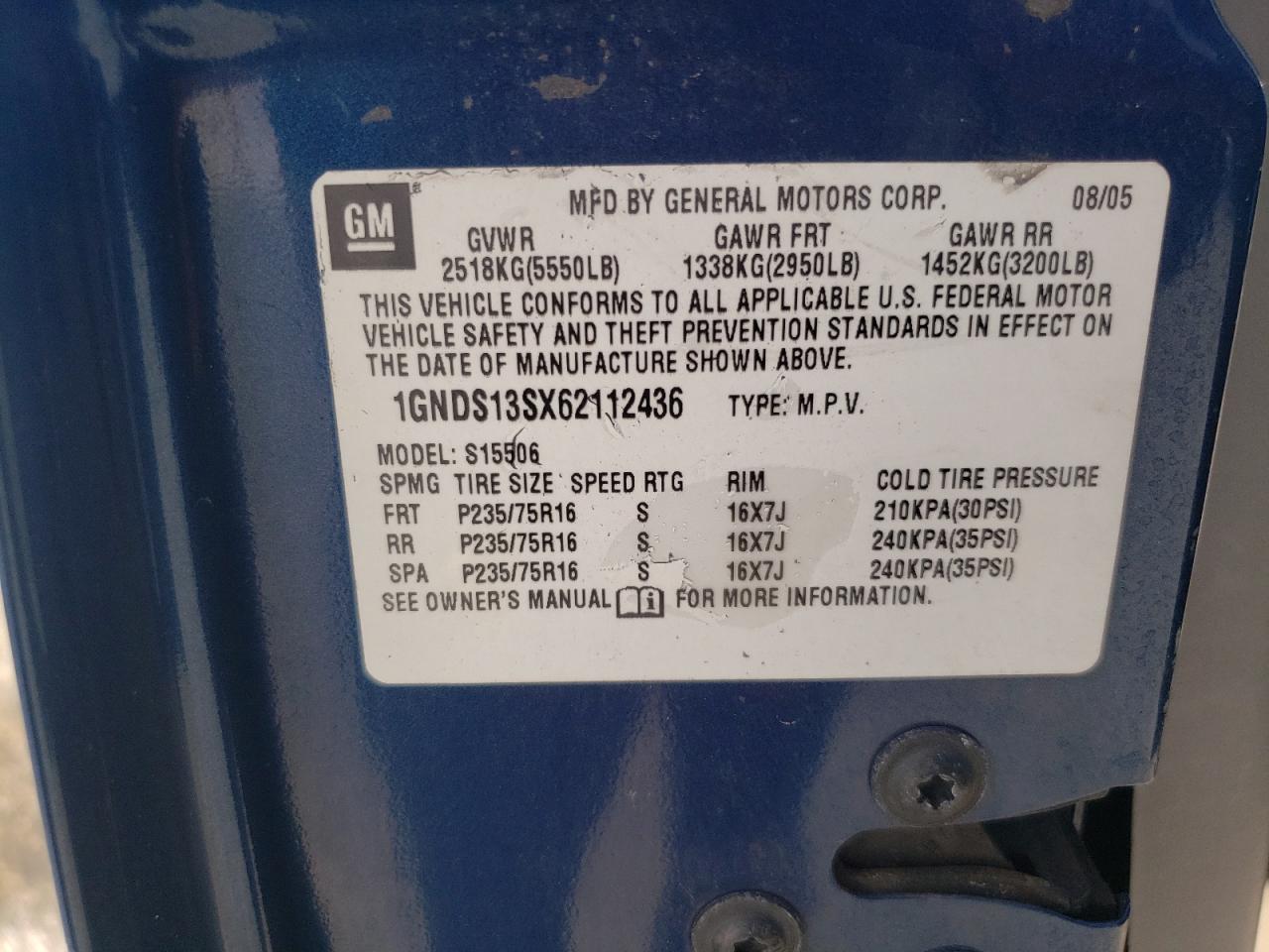 2006 Chevrolet Trailblazer Ls VIN: 1GNDS13SX62112436 Lot: 63935354