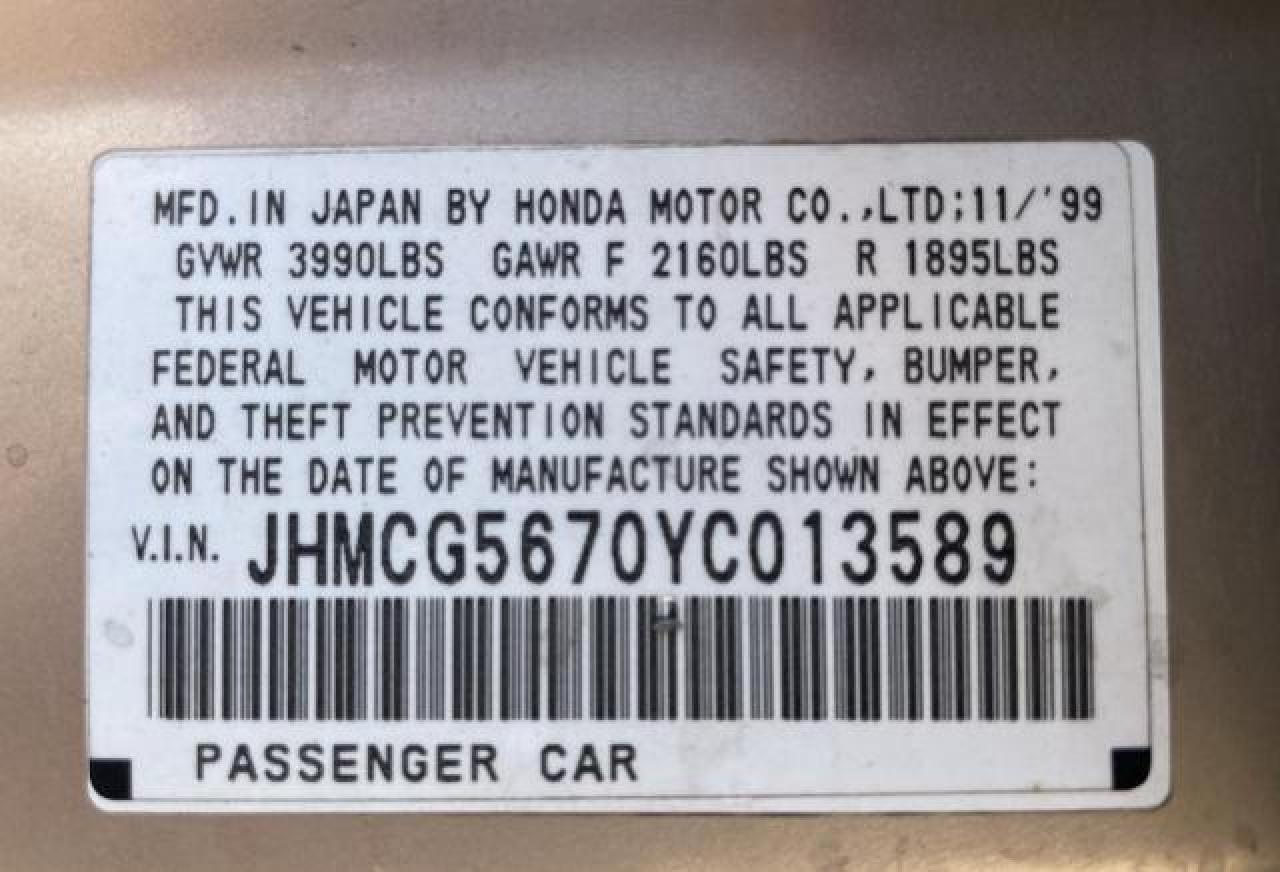 2000 Honda Accord Se VIN: JHMCG5670YC013589 Lot: 65488934