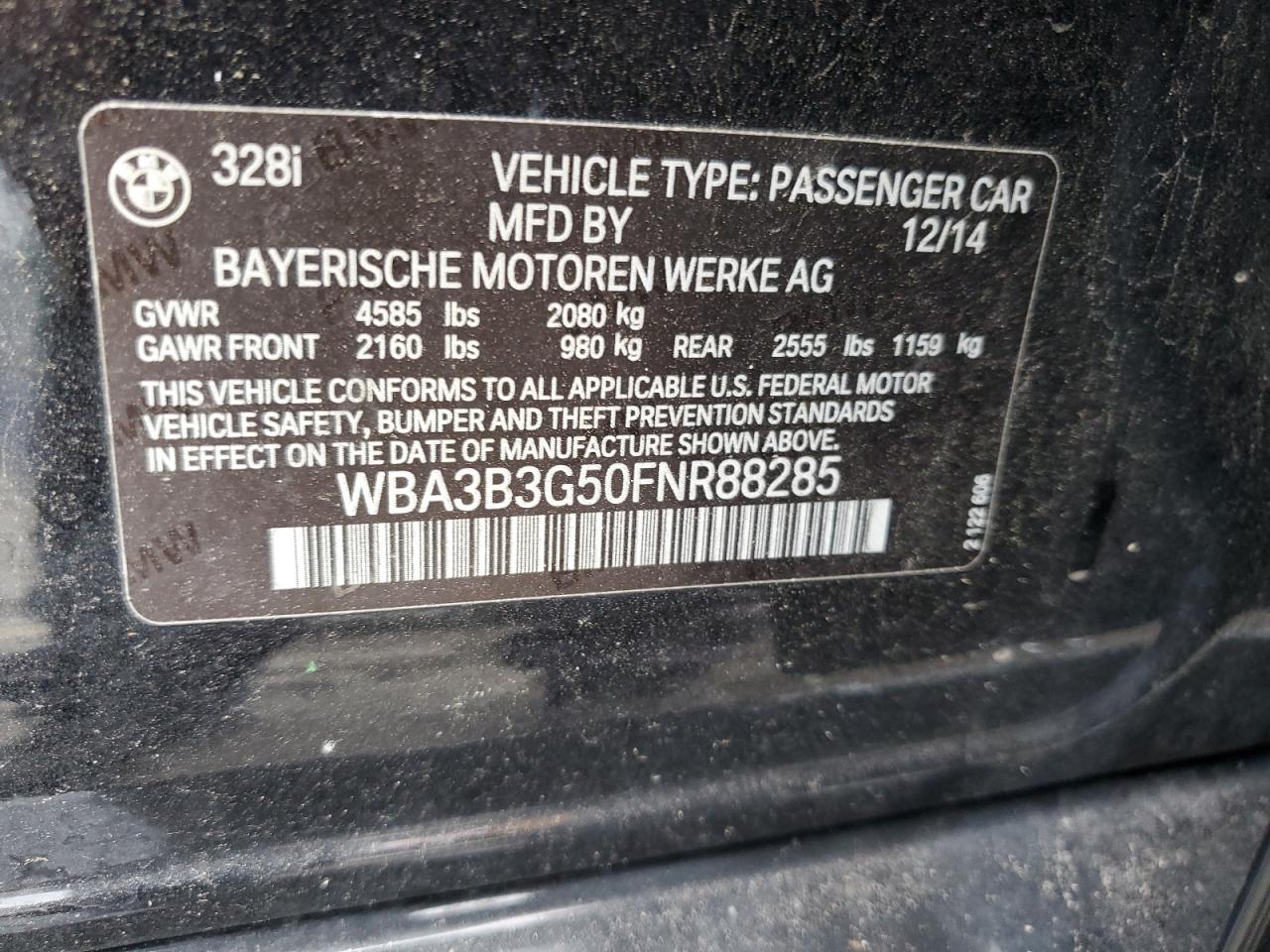 2015 BMW 328 Xi VIN: WBA3B3G50FNR88285 Lot: 64097084