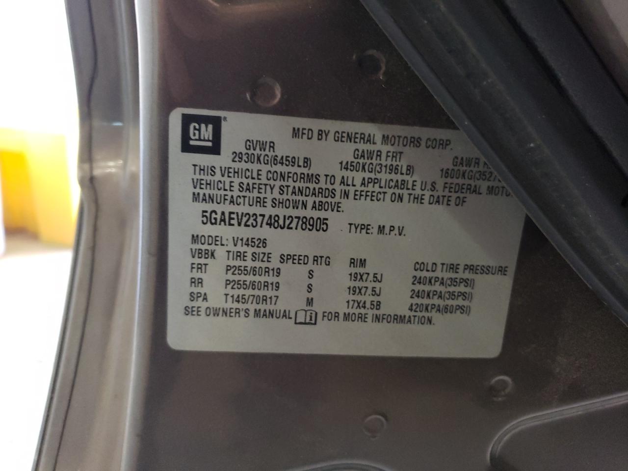 2008 Buick Enclave Cxl VIN: 5GAEV23748J278905 Lot: 60928204