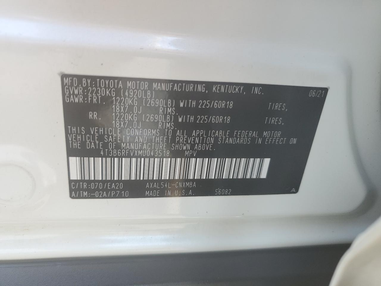 2021 Toyota Rav4 Xle Premium VIN: 4T3B6RFVXMU043518 Lot: 63461174