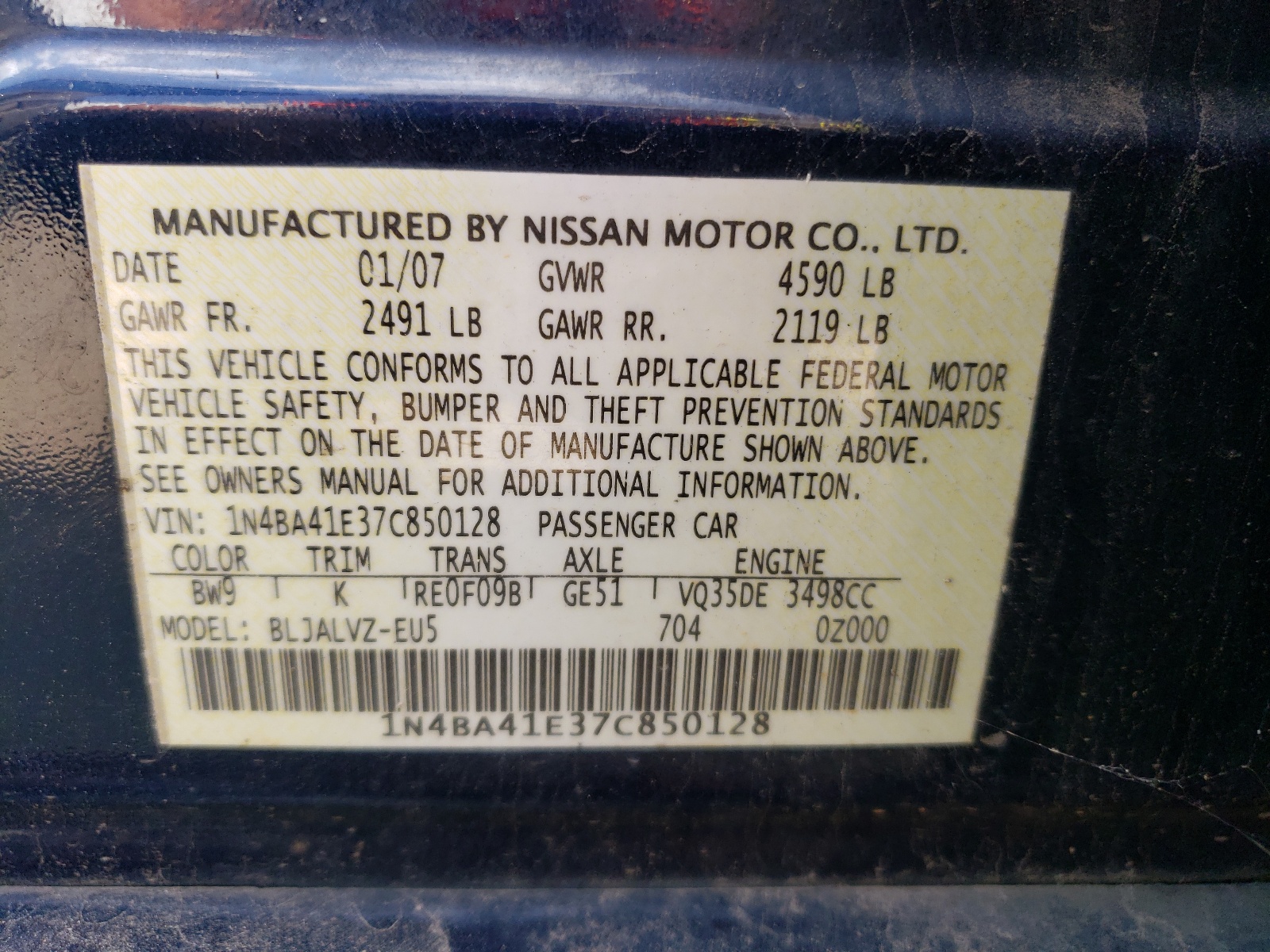 1N4BA41E37C850128 2007 Nissan Maxima Se