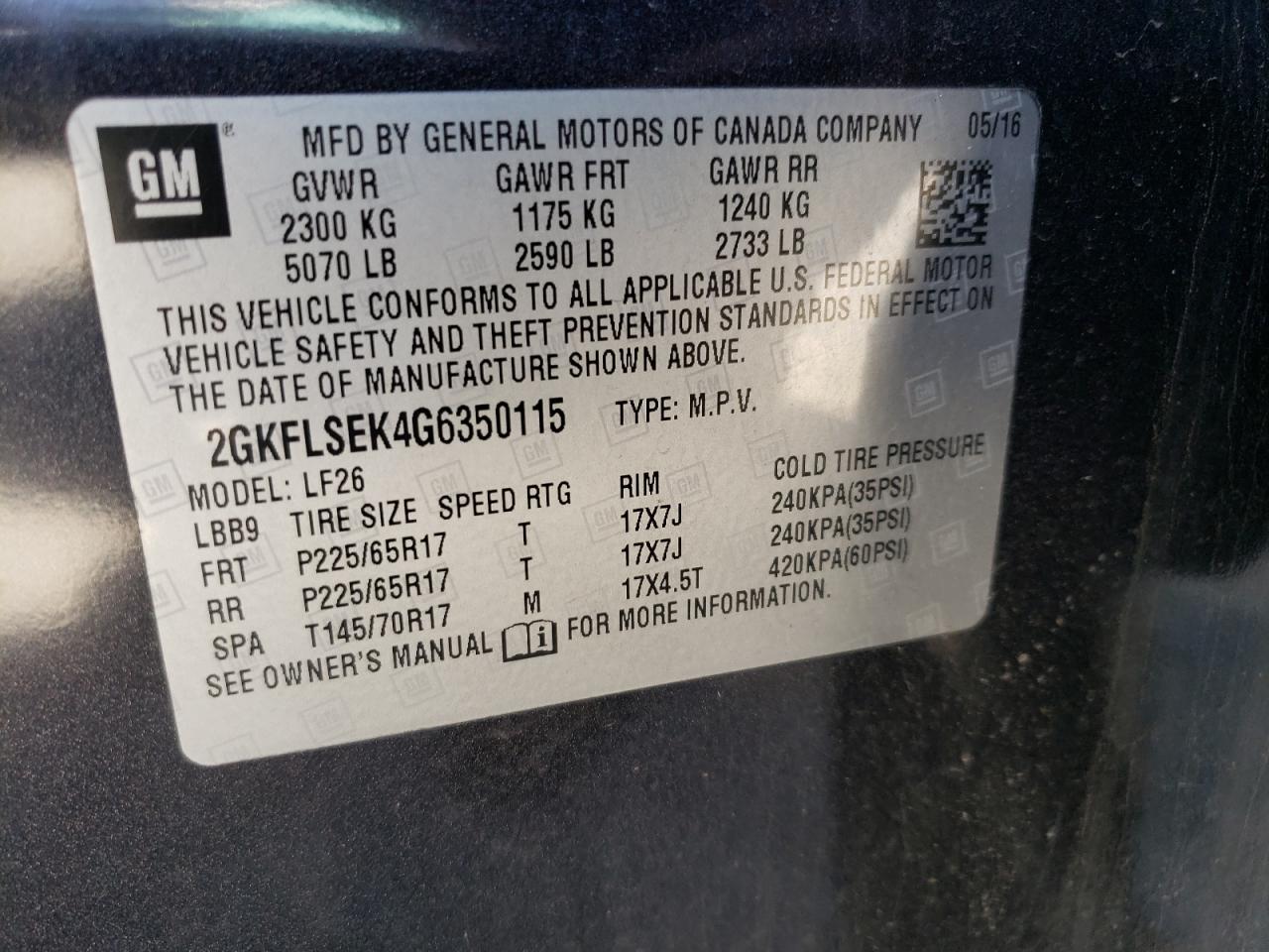 2016 GMC Terrain Sle VIN: 2GKFLSEK4G6350115 Lot: 60725054