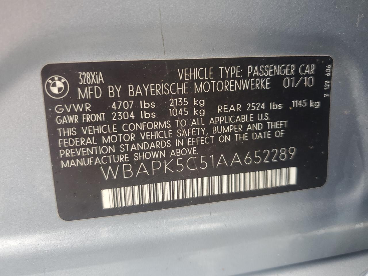 2010 BMW 328 Xi Sulev VIN: WBAPK5C51AA652289 Lot: 64229564