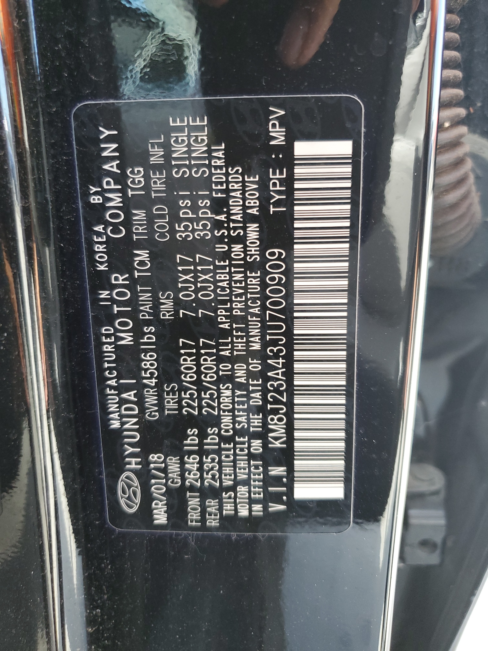 KM8J23A43JU700909 2018 Hyundai Tucson Se