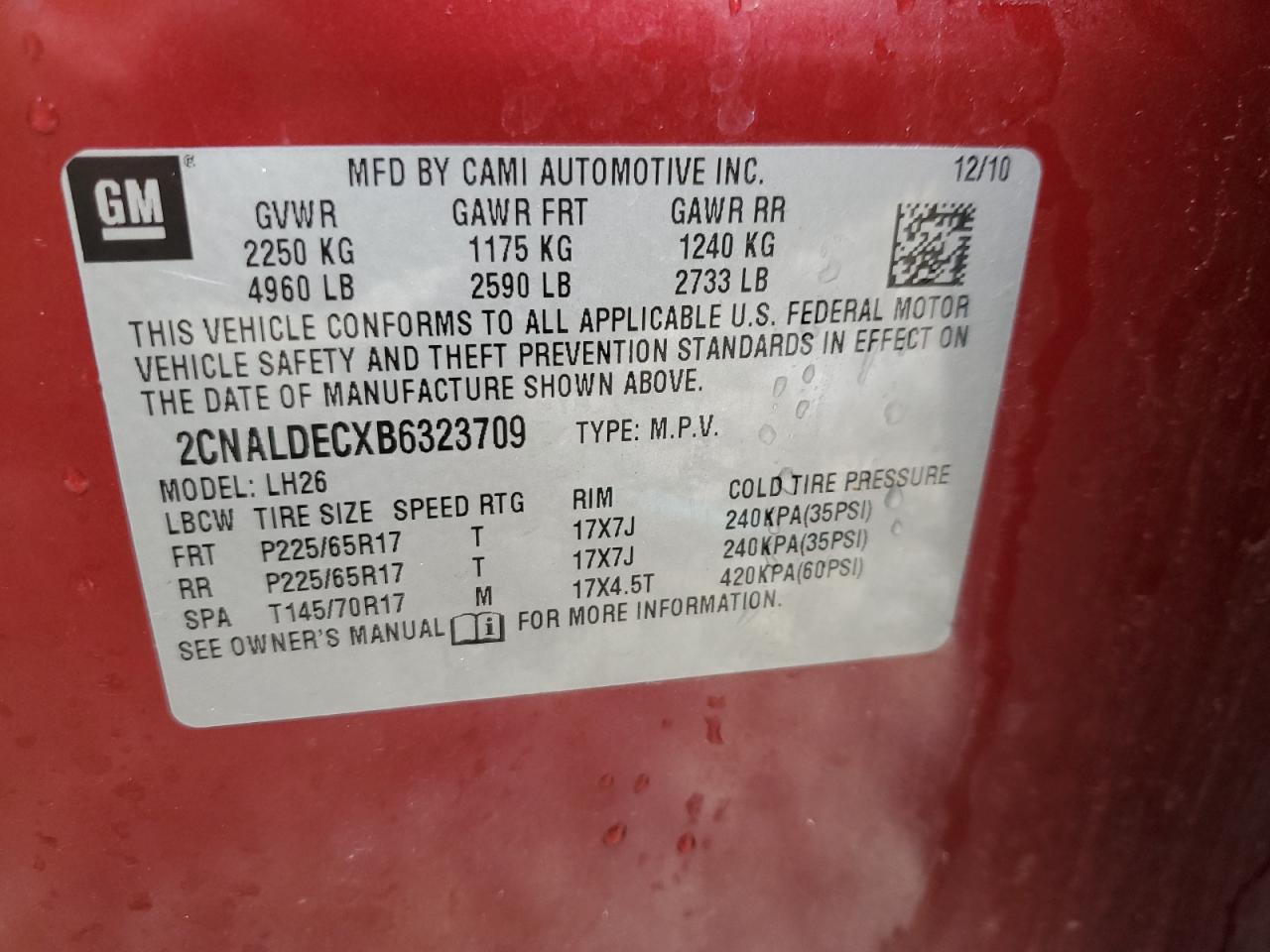 2011 Chevrolet Equinox Lt VIN: 2CNALDECXB6323709 Lot: 62455654