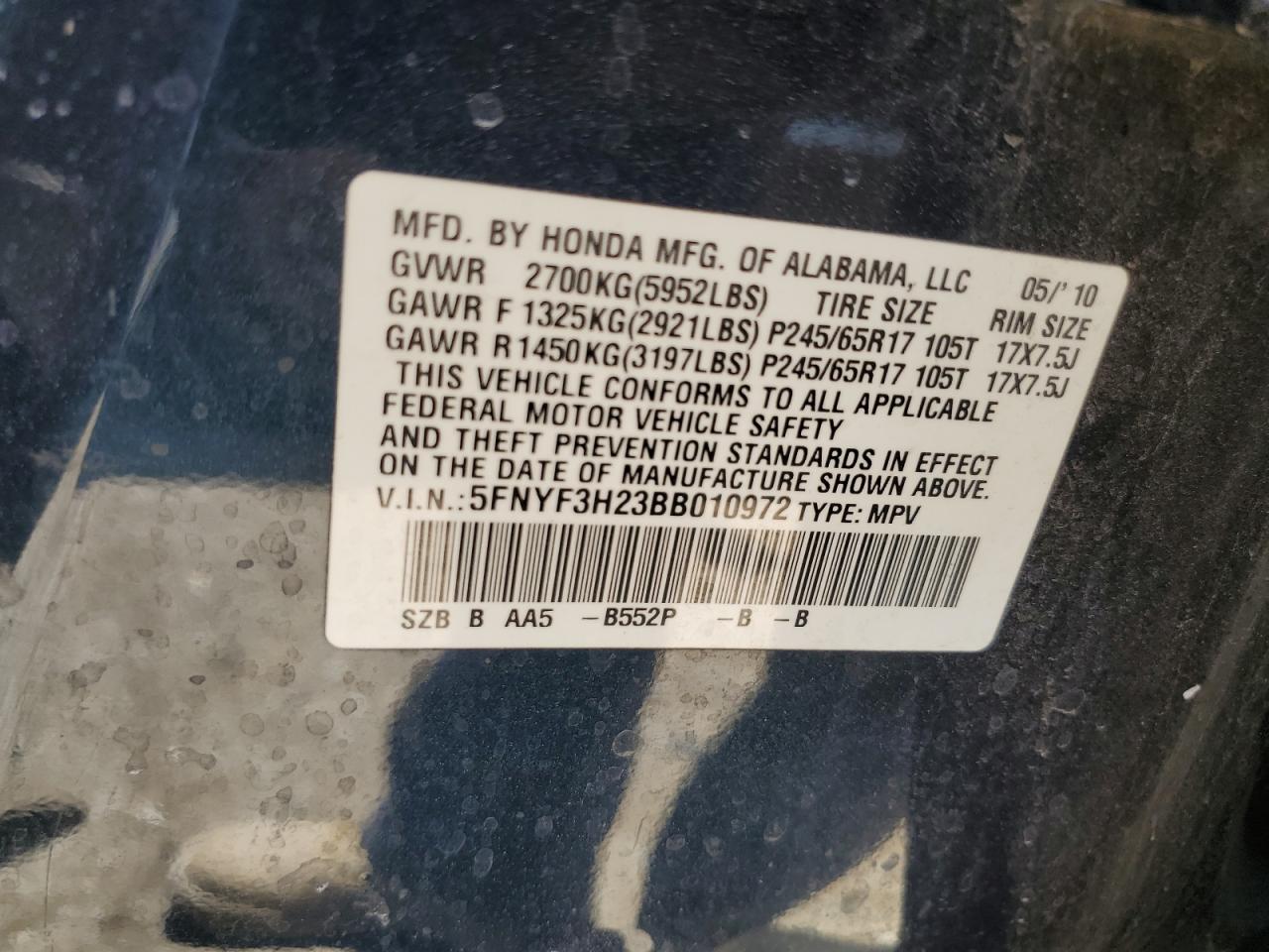 2011 Honda Pilot Lx VIN: 5FNYF3H23BB010972 Lot: 62762934