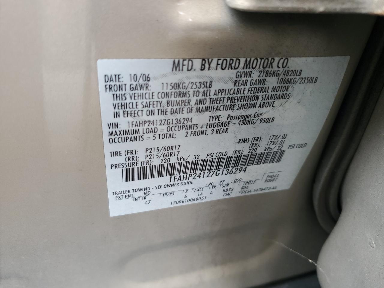 2007 Ford Five Hundred Sel VIN: 1FAHP24127G136294 Lot: 62537074