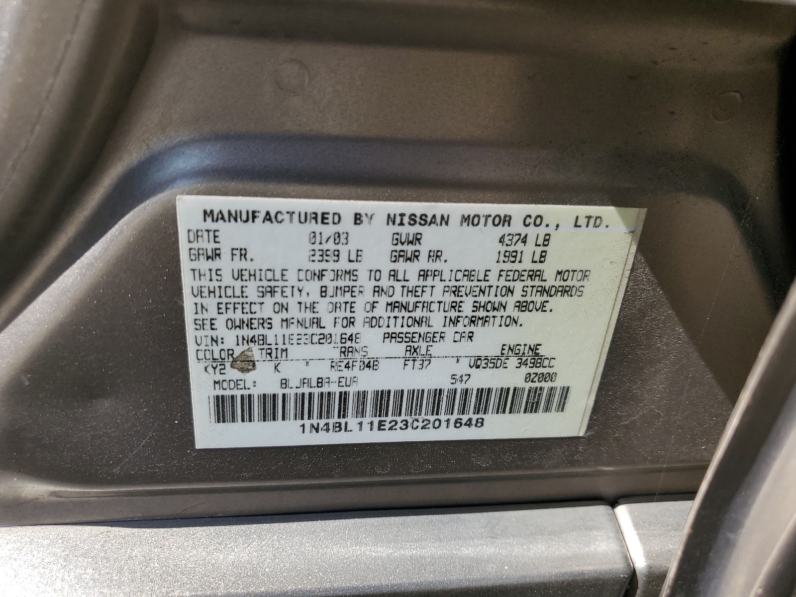 1N4BL11E23C201648 2003 Nissan Altima Se