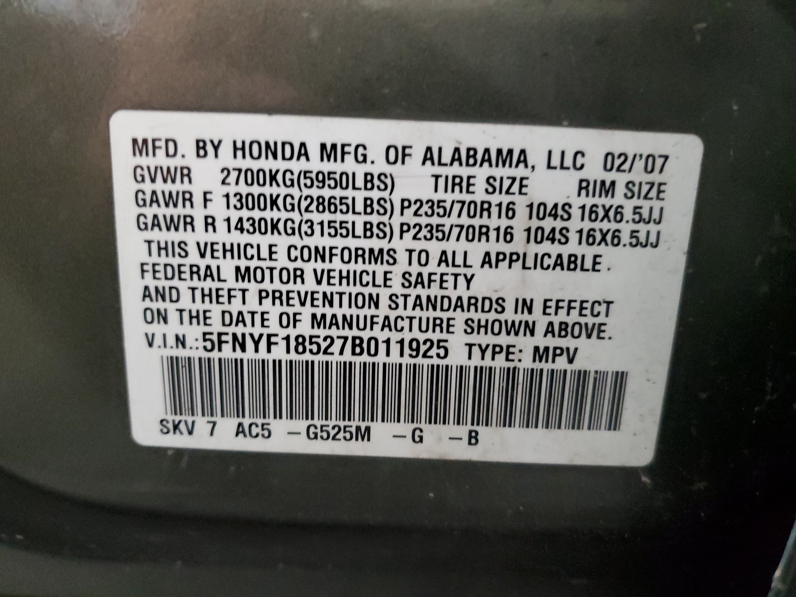 5FNYF18527B011925 2007 Honda Pilot Exl