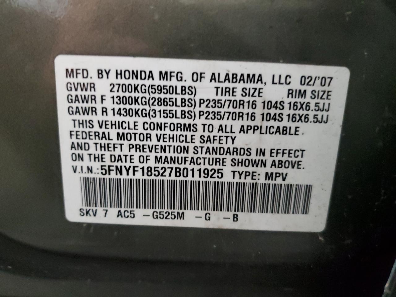 2007 Honda Pilot Exl VIN: 5FNYF18527B011925 Lot: 64622564