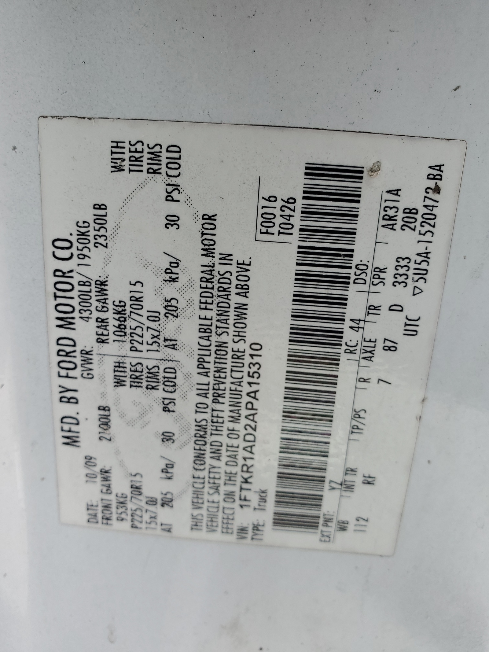 1FTKR1AD2APA15310 2010 Ford Ranger