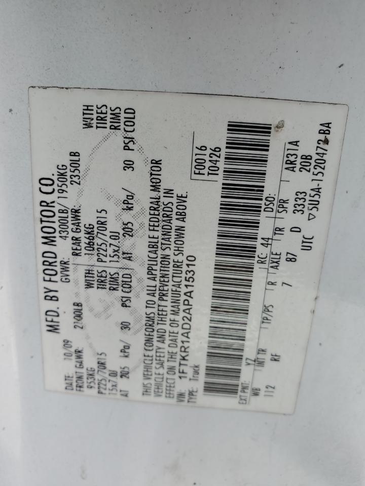 2010 Ford Ranger VIN: 1FTKR1AD2APA15310 Lot: 65218884