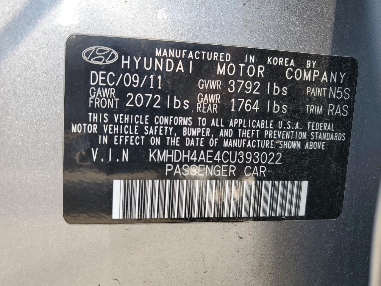 2012 Hyundai Elantra Gls VIN: KMHDH4AE4CU393022 Lot: 62149724