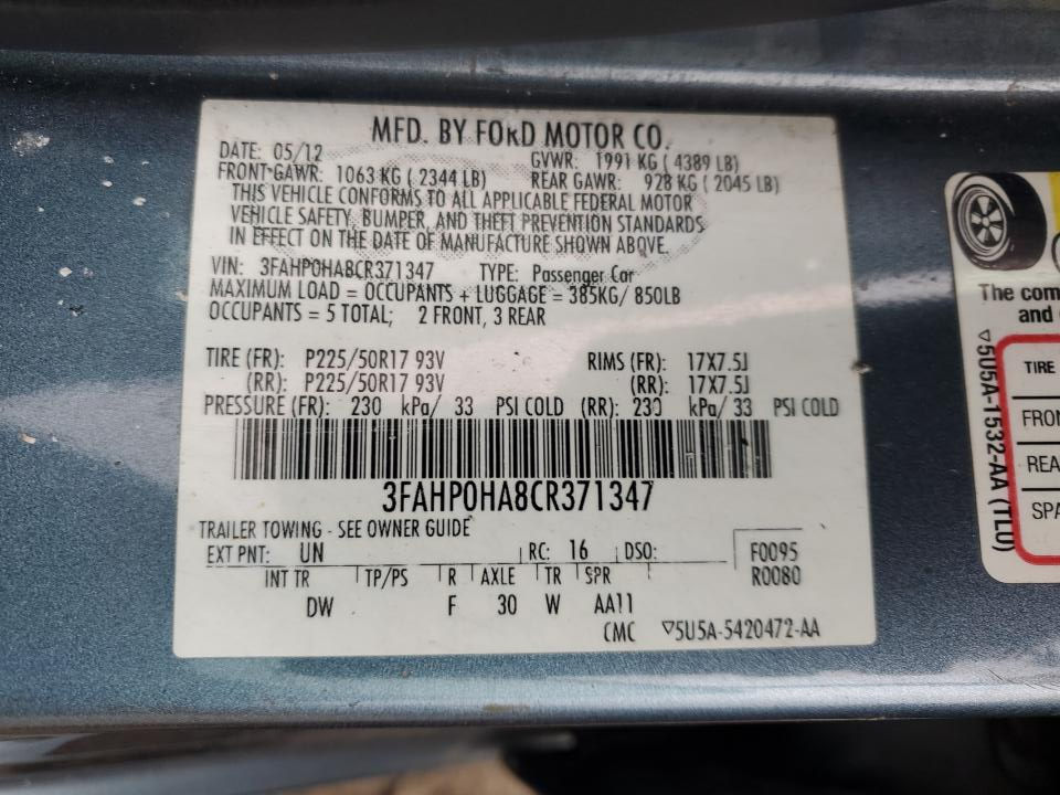 3FAHP0HA8CR371347 2012 Ford Fusion Se