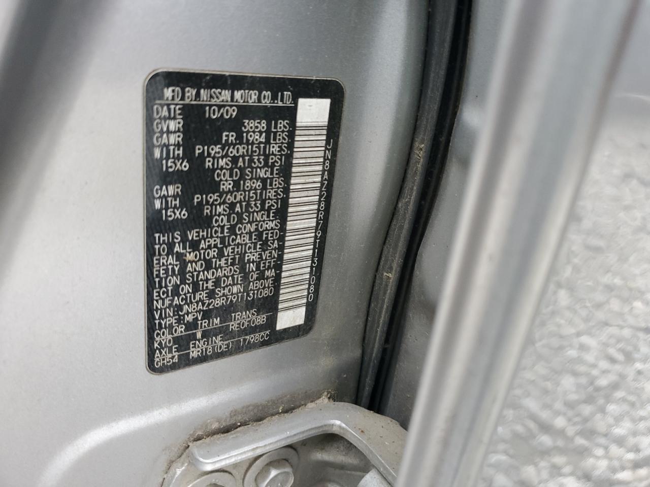 2009 Nissan Cube Base VIN: JN8AZ28R79T131080 Lot: 61760544