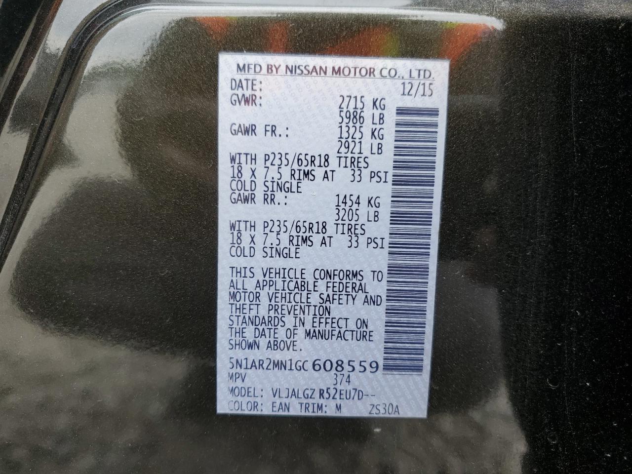 2016 Nissan Pathfinder S VIN: 5N1AR2MN1GC608559 Lot: 59703134