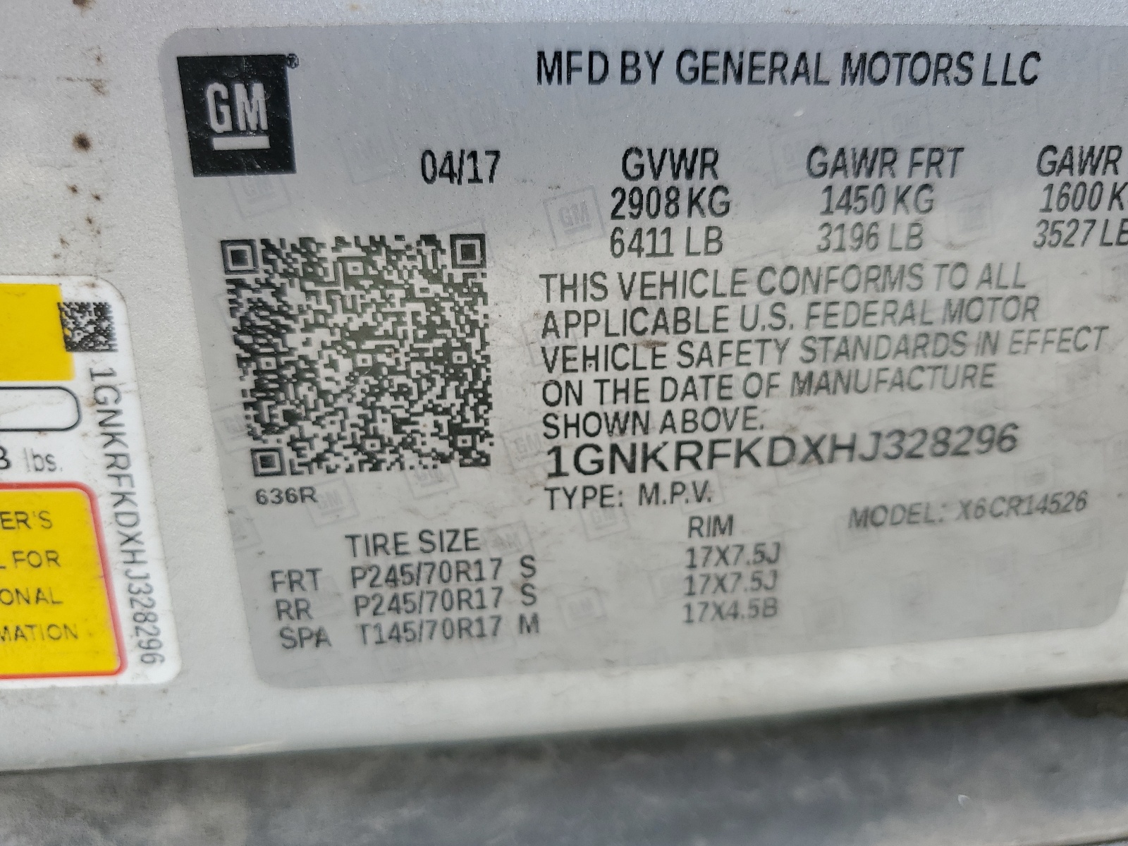 1GNKRFKDXHJ328296 2017 Chevrolet Traverse Ls