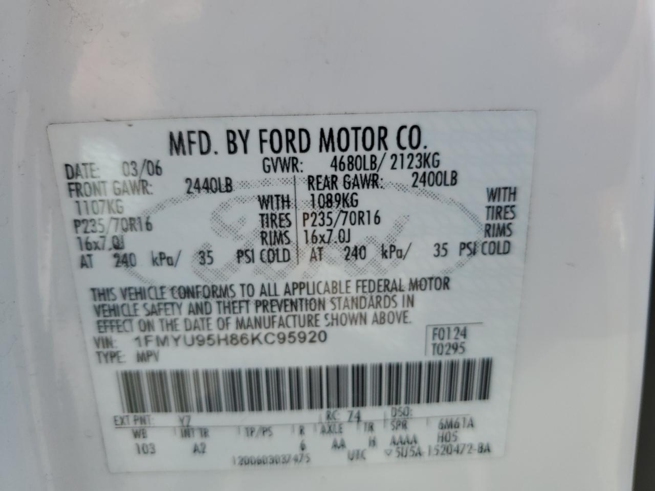 2006 Ford Escape Hev VIN: 1FMYU95H86KC95920 Lot: 62091014