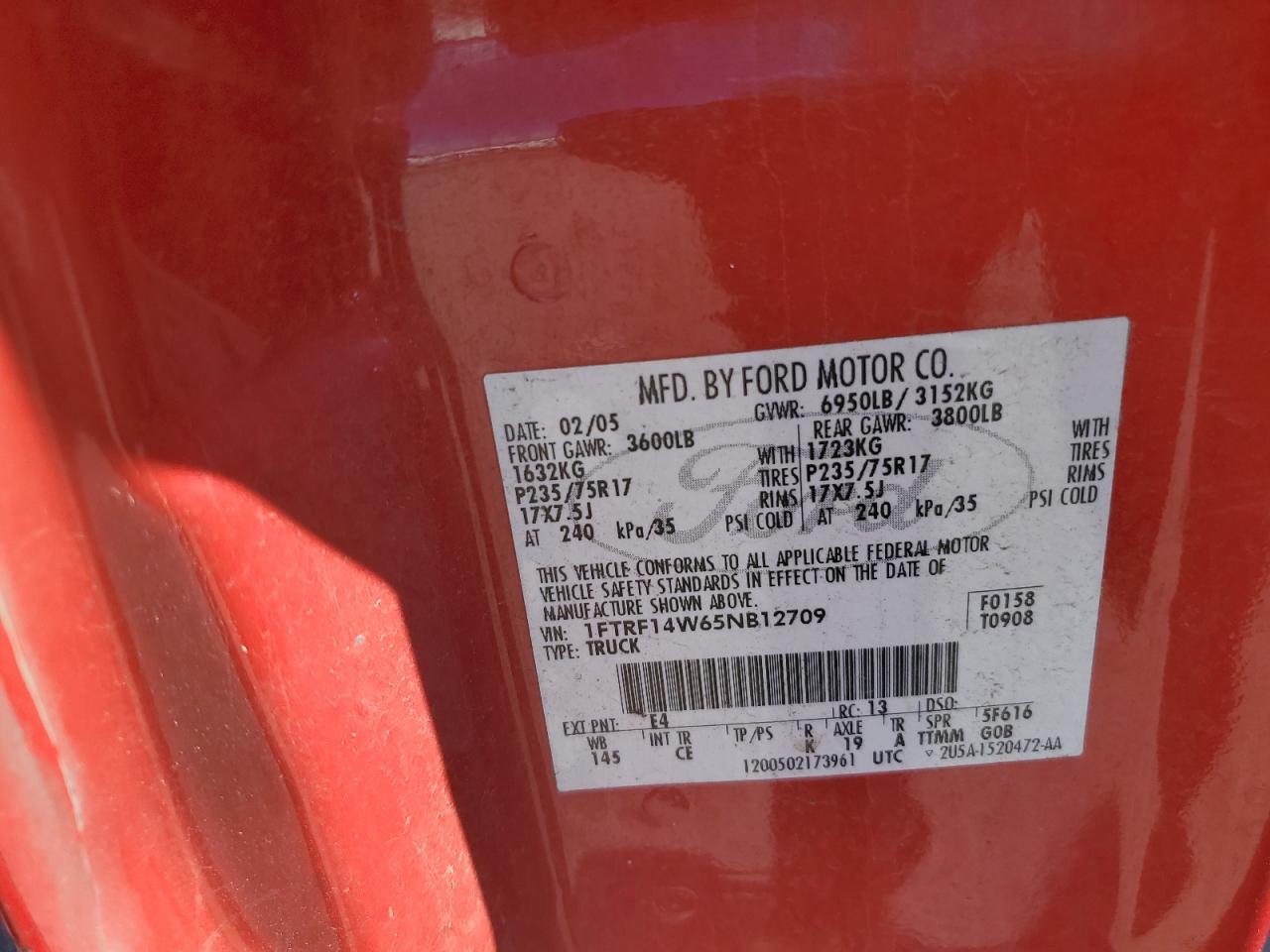 2005 Ford F150 VIN: 1FTRF14W65NB12709 Lot: 64025834