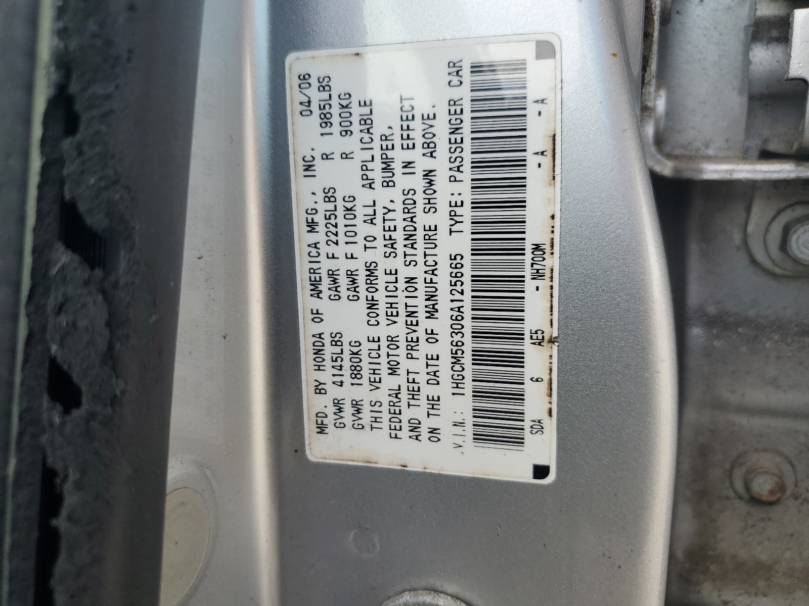1HGCM56306A125665 2006 Honda Accord Se