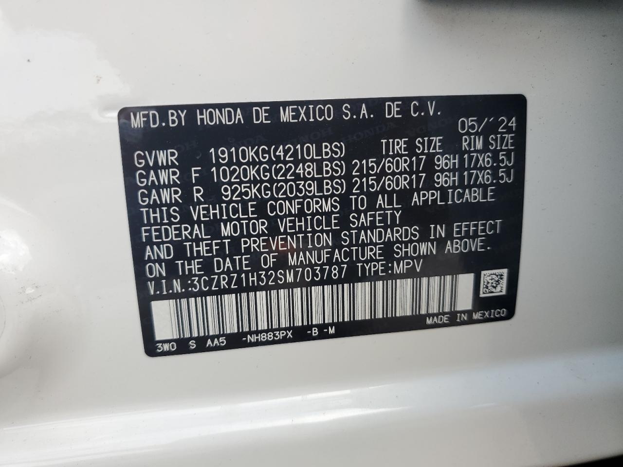 VIN 3CZRZ1H32SM703787 2025 HONDA HR-V no.13