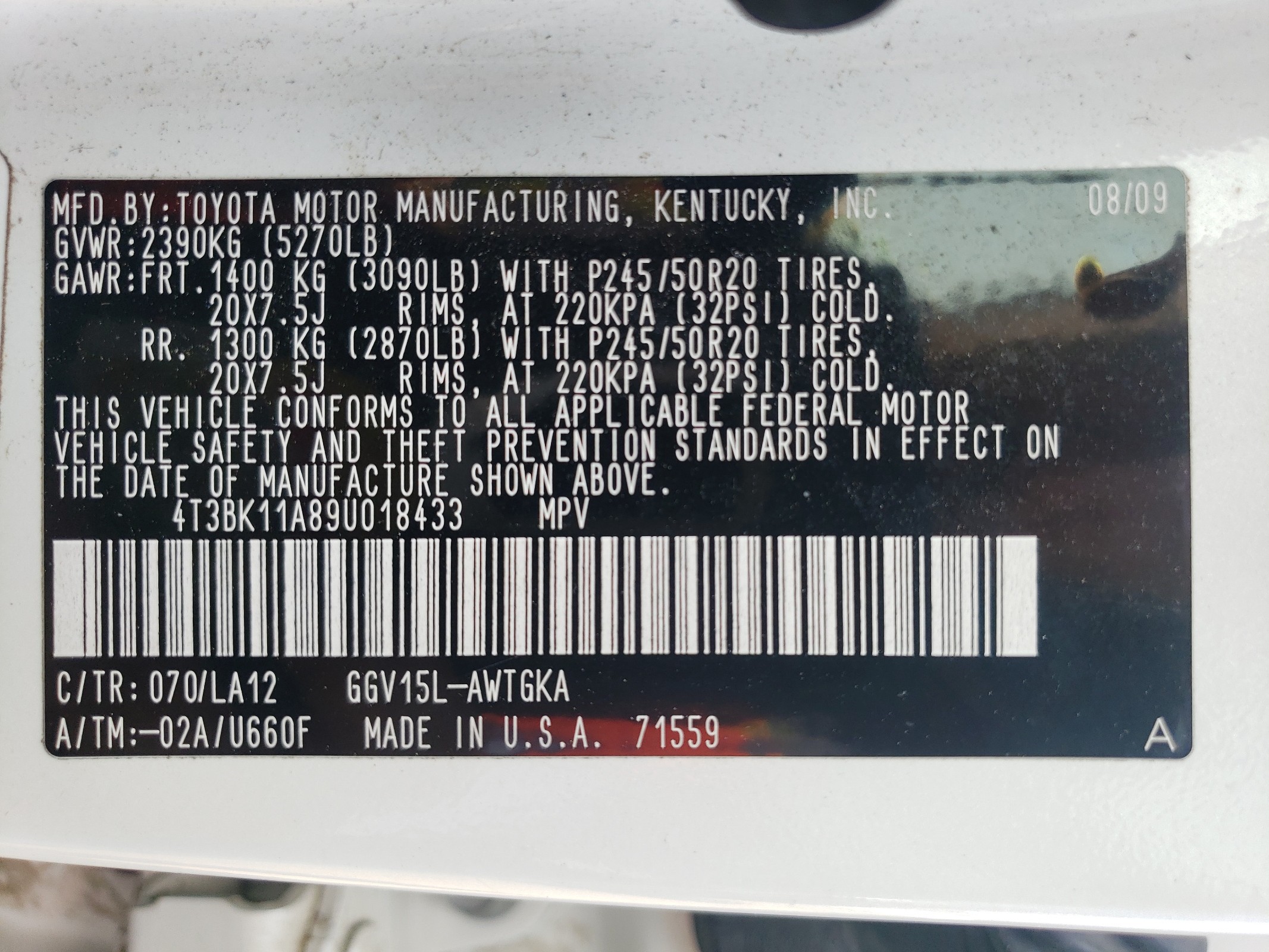 4T3BK11A89U018433 2009 Toyota Venza