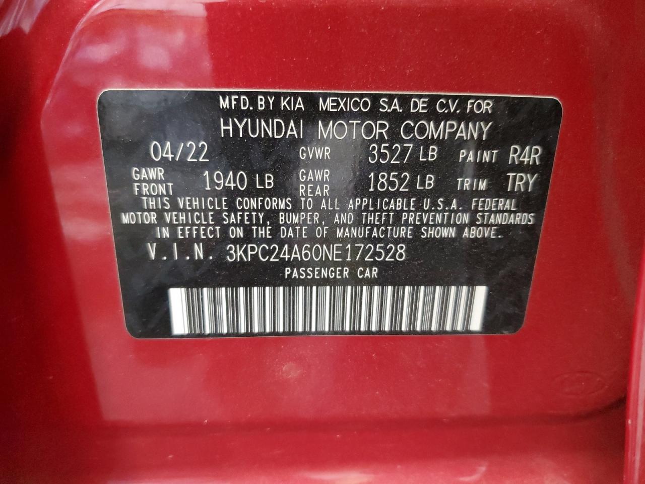 2022 Hyundai Accent Se VIN: 3KPC24A60NE172528 Lot: 63870424