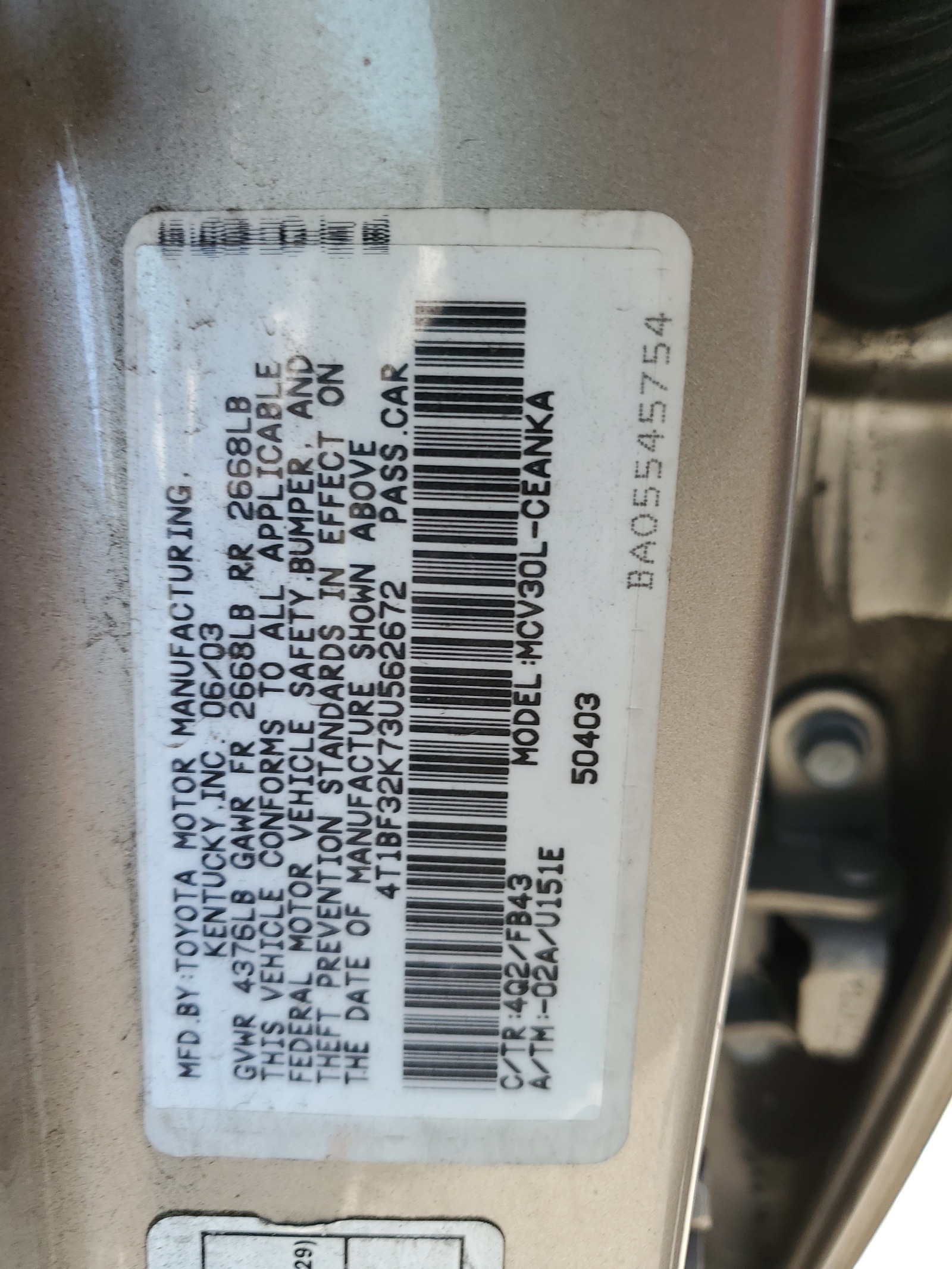 4T1BF32K73U562672 2003 Toyota Camry Le