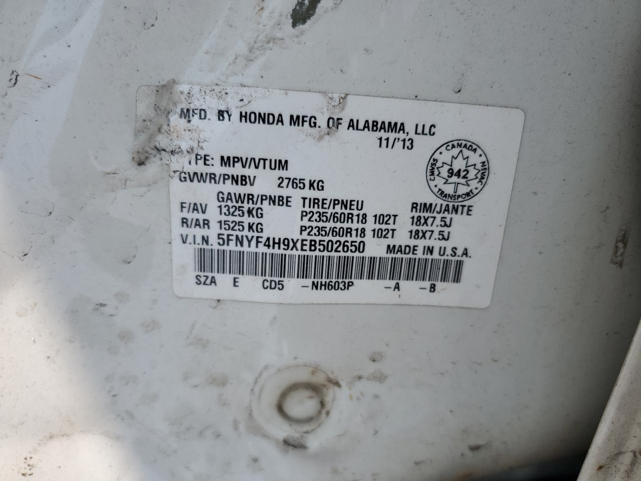 2014 Honda Pilot Touring VIN: 5FNYF4H9XEB502650 Lot: 64450384