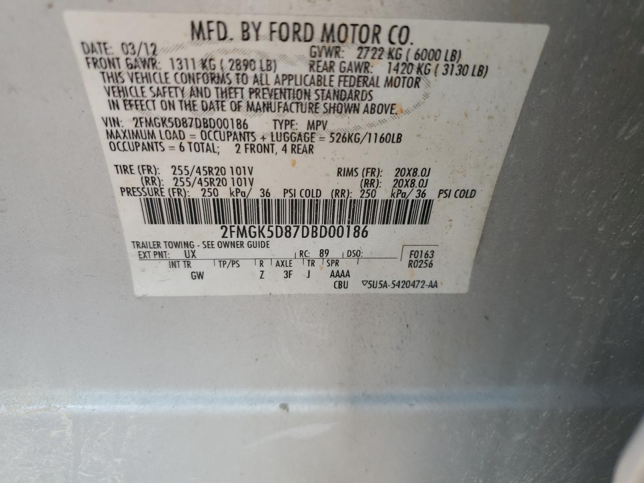 2013 Ford Flex Limited VIN: 2FMGK5D87DBD00186 Lot: 61460834