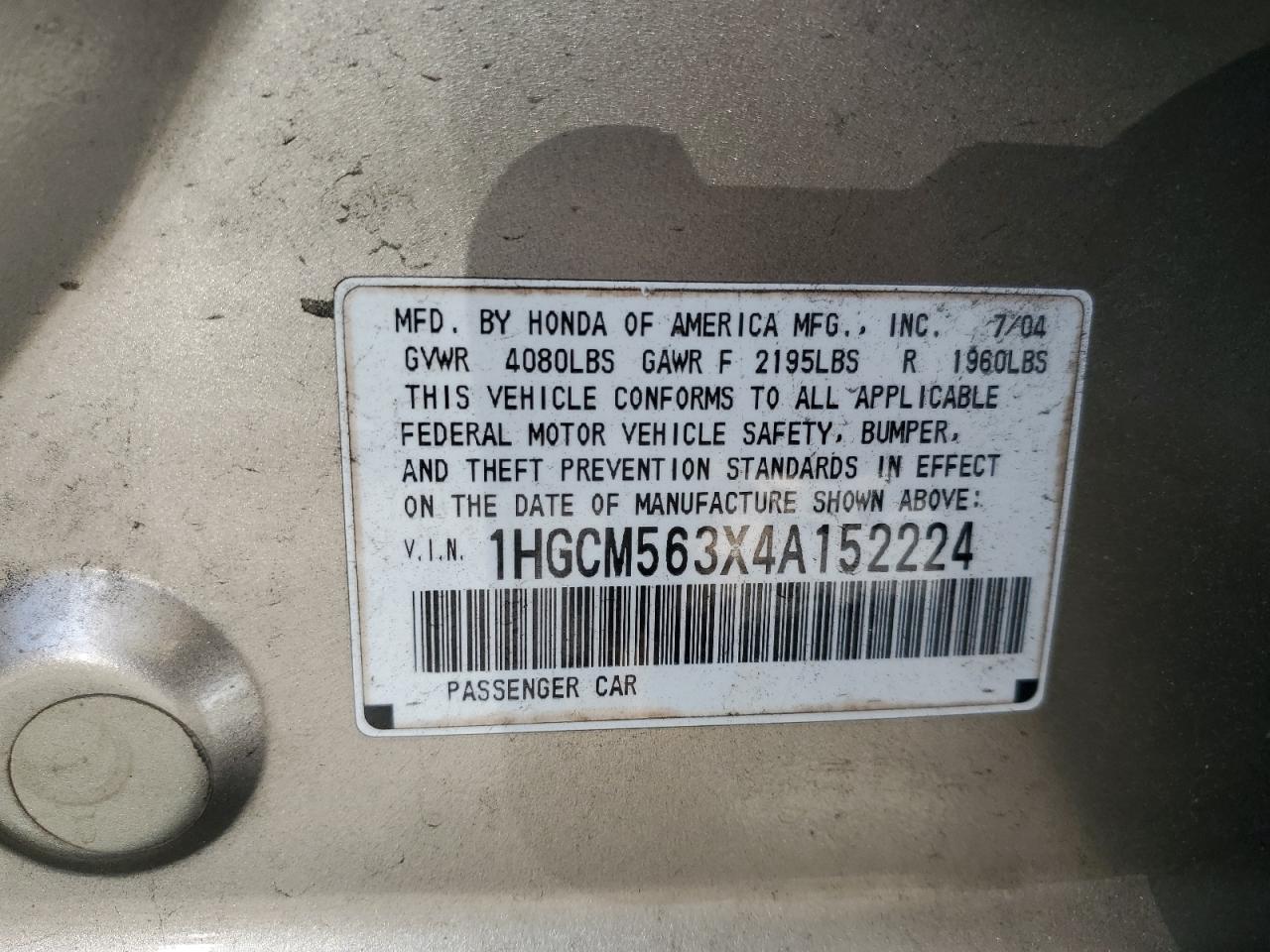 2004 Honda Accord Lx VIN: 1HGCM563X4A152224 Lot: 64476064