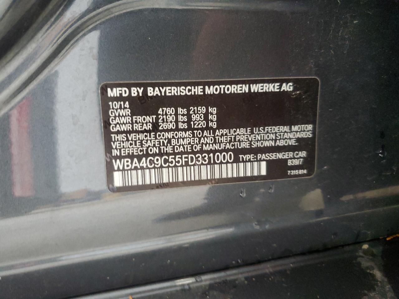 2015 BMW 428 Xi Gran Coupe Sulev VIN: WBA4C9C55FD331000 Lot: 61614174