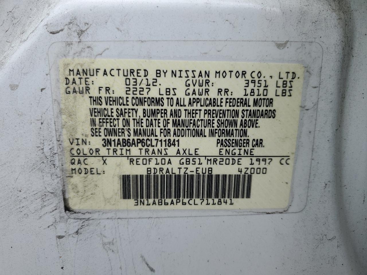 2012 Nissan Sentra 2.0 VIN: 3N1AB6AP6CL711841 Lot: 62438664