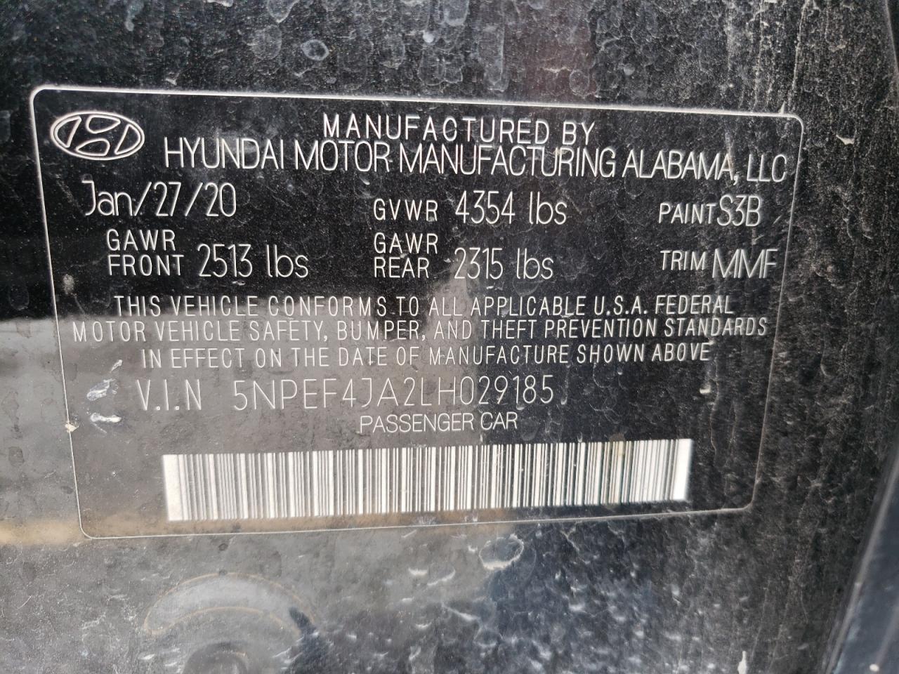 5NPEF4JA2LH029185 2020 Hyundai Sonata Sel