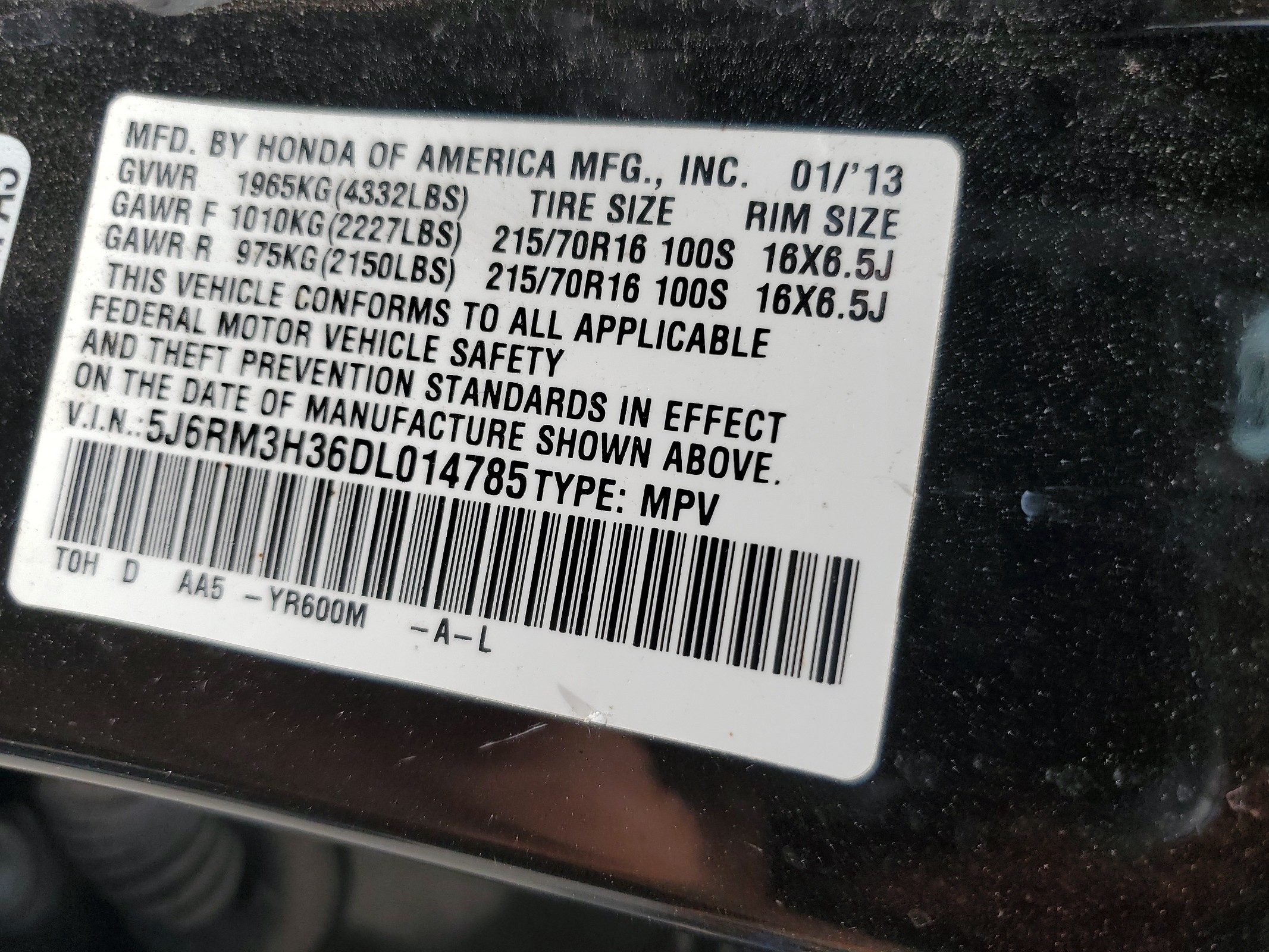 5J6RM3H36DL014785 2013 Honda Cr-V Lx