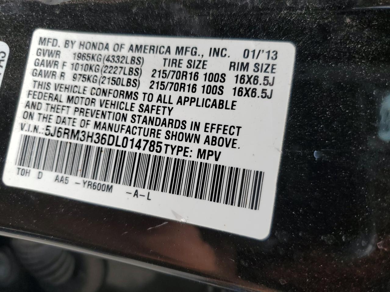 2013 Honda Cr-V Lx VIN: 5J6RM3H36DL014785 Lot: 64629304