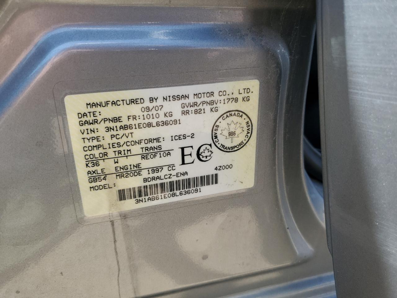 2008 Nissan Sentra 2.0 VIN: 3N1AB61E08L636091 Lot: 63242094