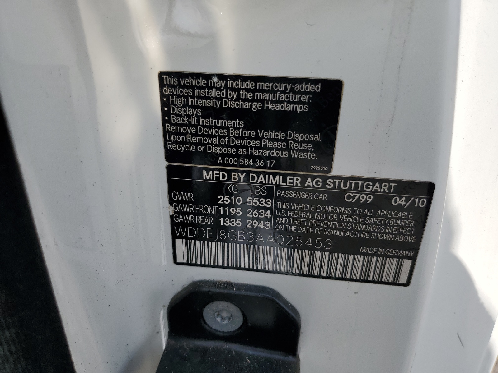 WDDEJ8GB3AA025453 2010 Mercedes-Benz Cl 550 4Matic