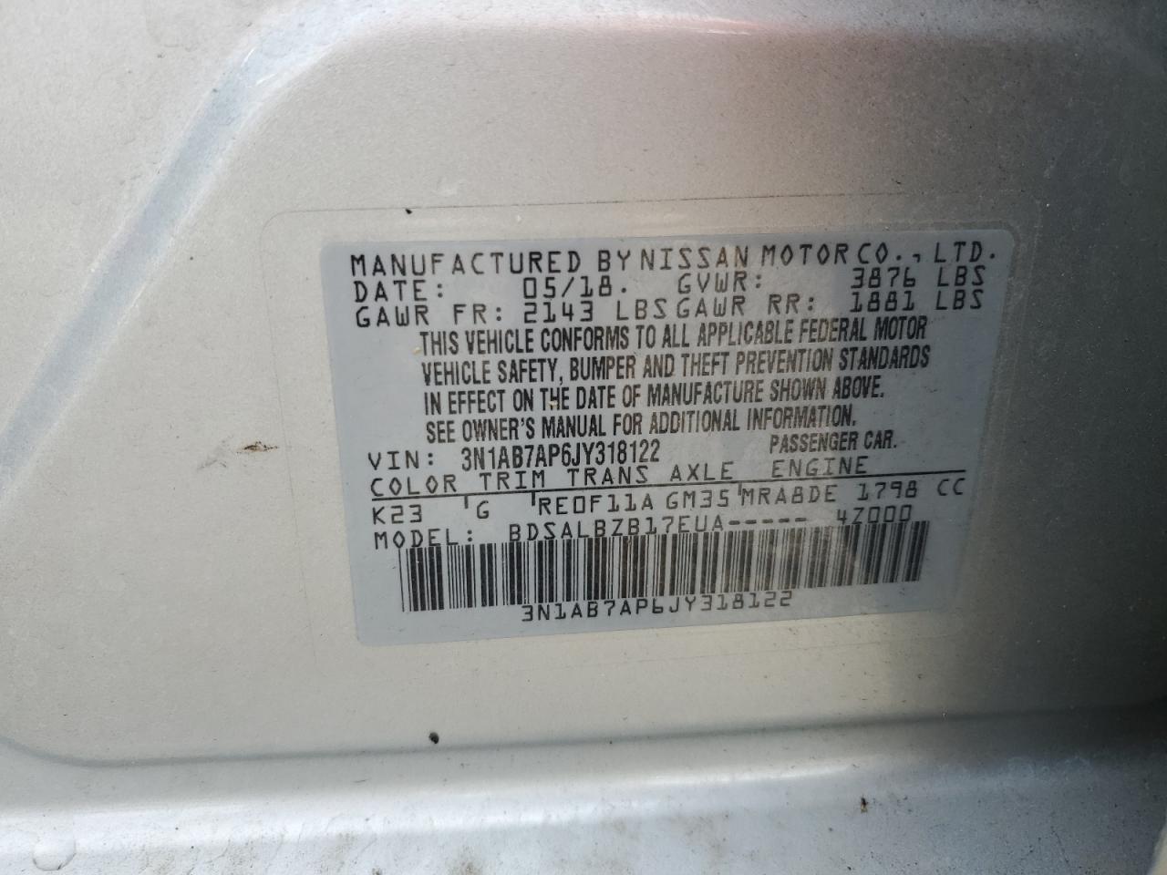 3N1AB7AP6JY318122 2018 Nissan Sentra S