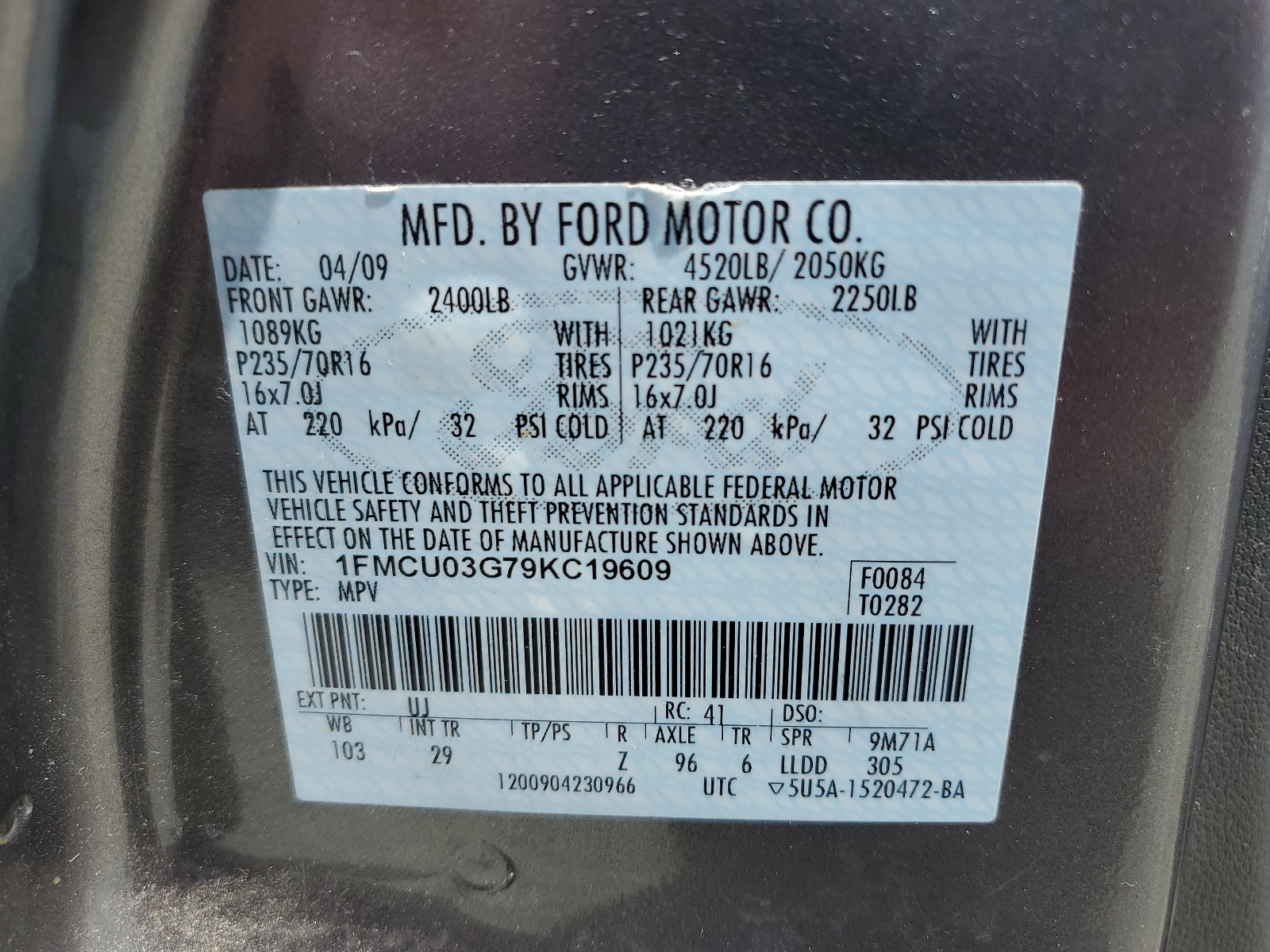 1FMCU03G79KC19609 2009 Ford Escape Xlt