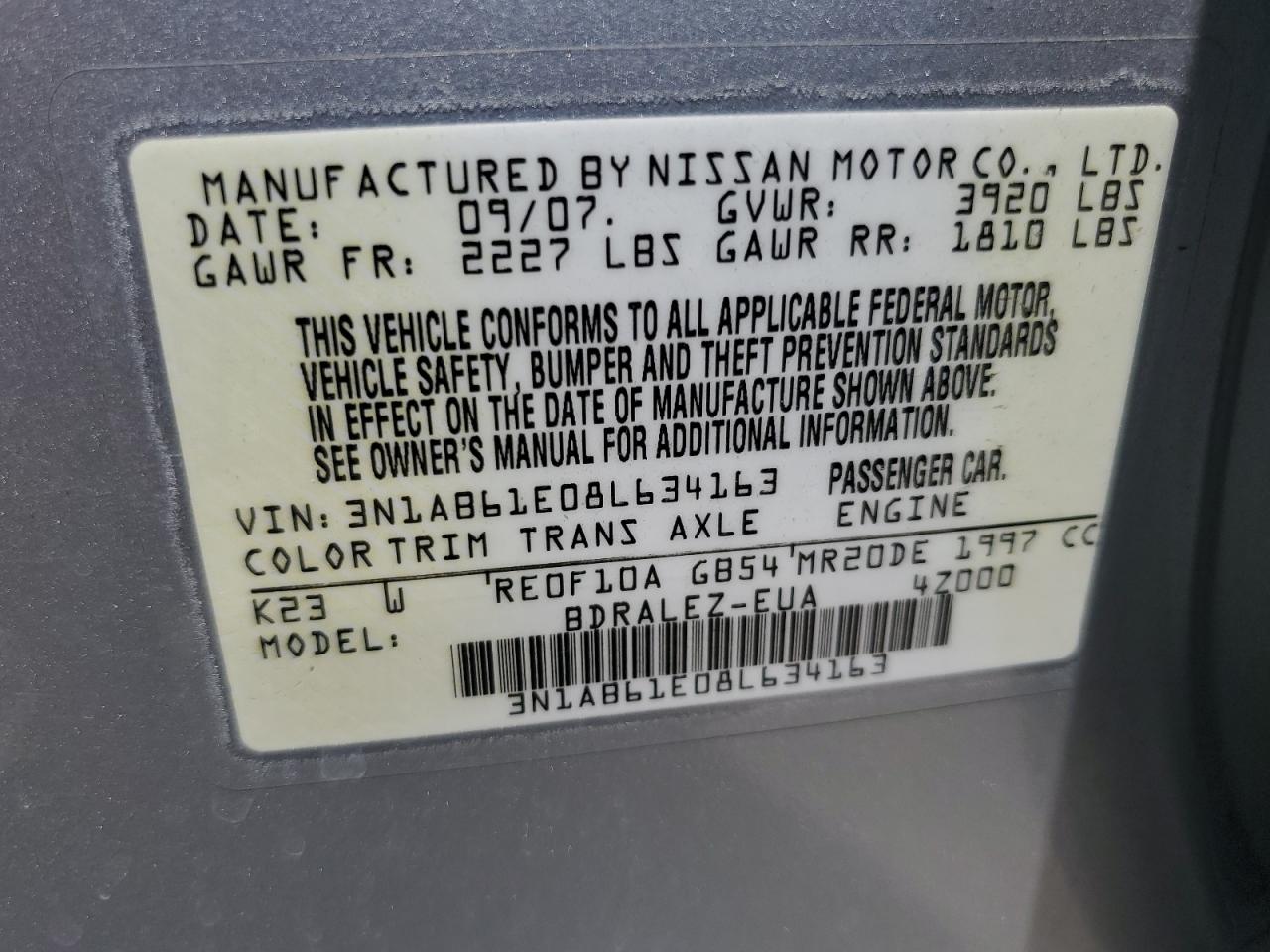 2008 Nissan Sentra 2.0 VIN: 3N1AB61E08L634163 Lot: 64090484